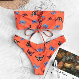 Frauen Bikinis 2023 New Harajuku Schmetterling Print Tie-up Badeanzug hoher Taille Verband Push Up BH+Tanga Beachwear Badeanzüge