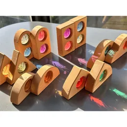 Crianças Sparkling Orient Gems Brinquedos de madeira Etapa Empilhamento de empenas Veja através de blocos de construção de forma de arco -íris