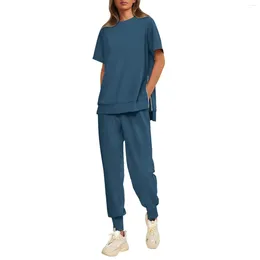 Women's Two Piece Pants Elegant Women Set Tracksuit 2024 Summer Solid Color Short Sleeve Top With Side Zipper Loose Long Casual Suit