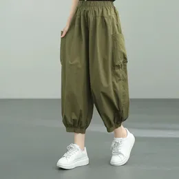 Women Y2K Casual Streetwear Cotton Baggy Harem Pants Summer Vintage Breathable Elastic Waist Loose Cropped Trousers Pantalones 240411