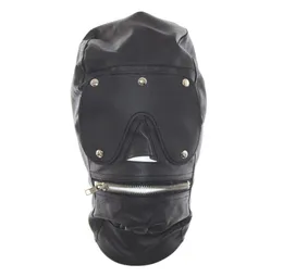 PU -Leder mit voller Gesichtsmaske mit Reißverschluss Mündung offener Slave Reißverschluss Mund vollständig geschlossene Kopfbedeckung für Rollenspiele sexy A4154555