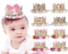 Симпатичные новорожденные мини -блестки золотая корона с розовыми цветами для повязки на голову для маленьких девочек корона День рождения аксессуары для волос детские подарок A14411836