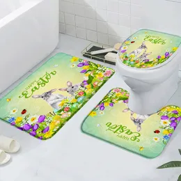 Easter Bunny Bath Mat Eggs Tulip Meadow Barn Funny Bunny Home Flannel Non-Slip Floor Mat Toilet Seat Bathroom Rugs And Mat Set