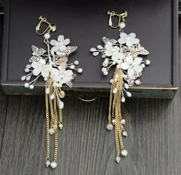 Fairy Luxury Pink White Floral Butterfly Drop Earrings with Gold Tassles Bridal Wedding Evening Prom Party Ear Decoration Jewelry 9270116