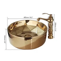 Yanksmart Round Round Gold Ceramic Wavatory Bathrate Combination Washbasin Pasin Basin Sink Faucets مع مجموعة التحرير والسرد منبثقة منبثقة