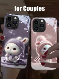 Kawaii Bunny LED -ljus glödande lysande tempererat glas bakre telefonfodral för iPhone 15 11 12 13 14 X XS XR Mini Pro Max Plus Cover