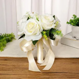 Fiori decorativi 1pc Fiore artificiale Nove di nozze bouquet Silk da damigella d'onore con brideschi che contiene rose finte con accessori per matrimoni a nastro