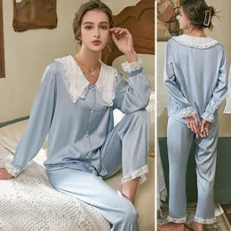 Palace Style Pajamas Suit Women Outfits Lace Patchwork Sleepwear Button-down Nightgown Elegant French Home Clothes 2PCS PJS Set