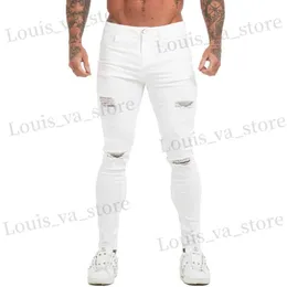 Męskie dżinsy Gingtto dżinsy mężczyźni elastyczne talia chude dżinsy męskie rozciągnięcie podarte spodnie Strtwear Mens dżinsy białe spodnie Slim Fit T240411