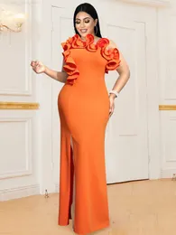 プラスサイズのドレスontinva女性エレガントなオレンジウェディングパーティードレスシングルショルダーフリルエッジノースリーブストラップ縫製ロングドレスプラスサイズのボールドレスC240411