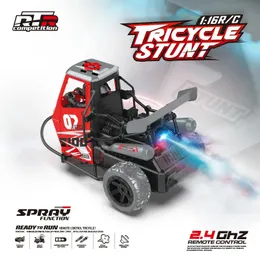 RC 1 16 24G 25KMH Remote Control Motorcykel LED -lampor Spray Kolborste Motor Hög hastighet Trehjulsdrift Bilgåvor 240327