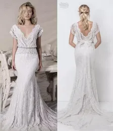 Boho Spitzenscheide Brautkleider Meerjungfrau Lihi Hod Spitze Brautkleider Pailletten gegen Hals Bohemian Strand Brautkleider Lobem Rücken Vestido339434