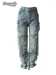 Kvinnors jeans benuynffy rippade last kvinnor vintage flera fickor y2k kläder streetwear casual rak baggy denim byxor 2024