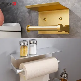 Fliger Toilet Paper Holder Black Gold Paper Towel Roll Rack Bath WC Paper Phone Holder Shelf Bathroom Kitchen Long Tissue Rack