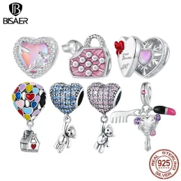 BISAER Real 925 Sterling Silver Pink Heart Charm Bead Car Crystal Pendant Plated Platinum Fit Girl DIY Bracelet Fine Jewelry