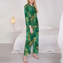 Home Clothing Green Palm Leaf Pajamas Lady Golden Jungle Print Lovely Room Nightwear Autumn 2 Piece Vintage Oversize Graphic Pajama Sets