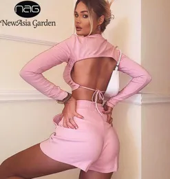 Newasia Pink Activewear Twe Peace Set Sexy Backless Long Sleeve Crop Shorts Tracksuit Womens Summer Loungewear Set T2008169976