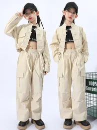 Tooling Hip Hop Dance Costume Girls Khaki Mangas compridas Casas de carga Crianças Crianças de jazz Cloth Kpop Grupo BL9298