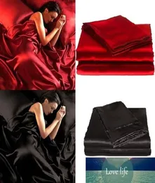 95GSM 4 PCE Luxury Satin Silk Soft Queen Bed Mitted Sheet Set Red Black7484450