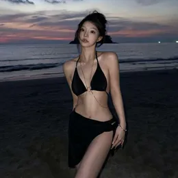 Internet kändis svart kedja sexig baddräkt kvinnor delad kropp liten bröst samlade bikini tre stycken varm källa semester baddräkt