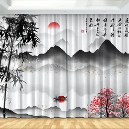 Custom National Style Zen Ink Bamboo Shade Print Thick Curtain Hook Type Non-fading Bedroom Living Room Floor-to-ceiling 2Pcs