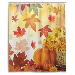 Solros Maple Leaves Pumpkin Autumn Fall Flowers Dusch Crawtain Happy Thanksgiving Day Harvest Bath Set With Hooks