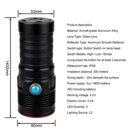 Lanterna de mergulho de 3 modos 5 LED Photography Video Light 5000 lm Underwater