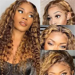 12a Highlight Deep Wave Spets Front Human Hair Wigs Honey Blonde Brasilian HD Transparent Ombre Water Wave Lace Frontal Wig 13x4