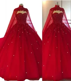 2021 Dark Red Black Arabic Ball Gown Wedding Dresses Cape Lace Appliques와 함께 연인 소매 소매 수정 구슬 플러스 크기 Forma9443104