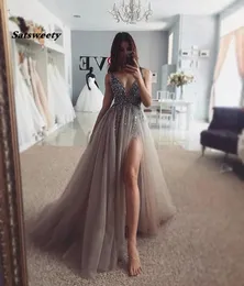 Party Dresses Sexy Evening Gowns Long V-Neck High Slit Tulle Beaded Handmade Vestidos De Gala Crystal Formal Gown Gray Prom