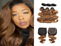 1b 30 pacchetti di capelli castani ombre con chiusura Vergine Vergine Body Wave 3 bundle con chiusura in pizzo 4x4 Remy Human Hair Extens4396472