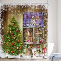 크리스마스 샤워 커튼 크리스마스 나무 벽난로 텍사스 스타 야간 풍경 새해 홈 욕실 장식 직물 목욕 커튼 세트