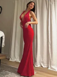 Casual Dresses 2024 Summer Backless Red Bowknot Evening Dress Women Elegant Sexig ärmlös Halterhal Hög midja Långt wedding -fest