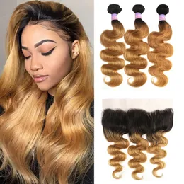 Body Wave Human Hair Bundles With Lace Frontal Closure 13x4 Ombre Blonde Brazilian Colored Hair Weave 3 Bundles With Closure