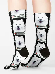 웃는 흰색 "i ?? my samoyed"Bone Dog Face Painting Socks Mens Fashion