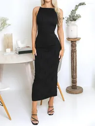 Casual Dresses Women Elegant Ruched Bodycon Midi Dress Sleeveless Tight Fitted Long Backless Maxi Pencil Formal