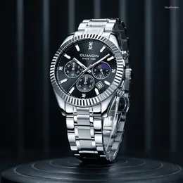 Armbandbeobachter Guanqin Sapphire Stahlschale Quarz Uhr für Männer 30m wasserdichte Leuchtsport Chronographen Edelstahlgurt Herren Uhren