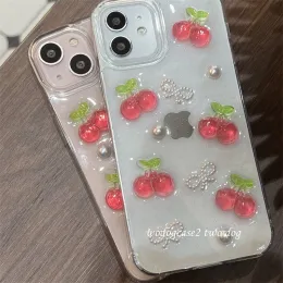 Caixa de telefone epóxi de cerejeira de frutas 3D GLITTER PARA iPhone 15 14 11 12 13 Pro Max mini 7 8 mais x xr xs max se claro capa macia fofa