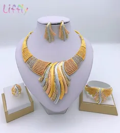Liffly New Jewelry Sets conjuntos de jóias de jóias de ouro de Crystal Dubai para mulheres de colar de colar de Crystal Dubai Goldings para Brincos de colar