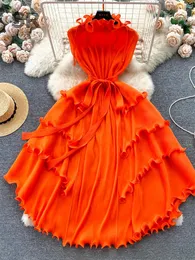 Singreiny ärmlös ruffles Loose Long Dres lyxiga Elastiska midja Fashion Ladies Slim Summer Evening Dresses 240401