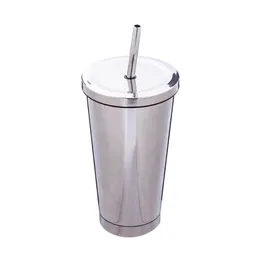 500 ml de aço inoxidável a vácuo a vácuo de garrafa de copo com palha e tampa de vidro de caneca de água ao ar livre - Silver Rose Steel T269G