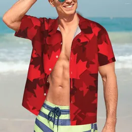 Camisas casuais masculinas folhas vermelhas Havaí camisa masculina férias canadense bordo de manga curta