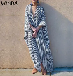 Vonda Plus Size Bohemian Women Bracked Dress Dress 2019 Autumn Sexy v Neck Irregular HEM Party Maxi Long Long Dresses Casual Loose899860