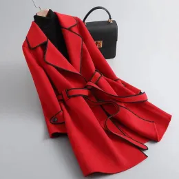 2023 Novo casaco de inverno de outono para mulheres Jaqueta de lã de colarinho com gola abaixada cintura ajustável lã mistura roupas femininas tops soltos