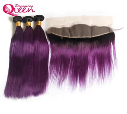 T1b Purple Color Straight Ombre Brasilian Virgin Human Hair Extensions 3 Bunds med 13x4 öron till öron spetsar frontala stängning preplu1516894