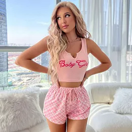 Summer womens pajamas Wearable pullover casual set for womens pajamas two-piece sexy suspender vest shorts housewear pajamas hy