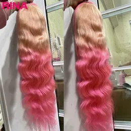 Ombre pembe vücut dalgası 13x4 şeffaf dantel ön peruk kadınlar için pembe renkli 13x4 dantel frontal insan saç perukları ön hazırlık