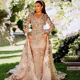 Exquisite Women Mermaid Wedding V Neck Long Sleeves Pearls Sequined Gowns Elegant Beading Court Train Bride Dress