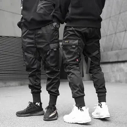 Joggar lastbyxor för män casual hiphop hit färgficka manliga byxor svettbyxor streetwear ribbons techwear 240411