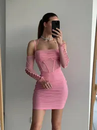 Lässige Kleider Mingmingxi elegant vom Schulternetzkleid sexy Halfter Bodycon Geburtstagsfeier rosa Sommer Frauen